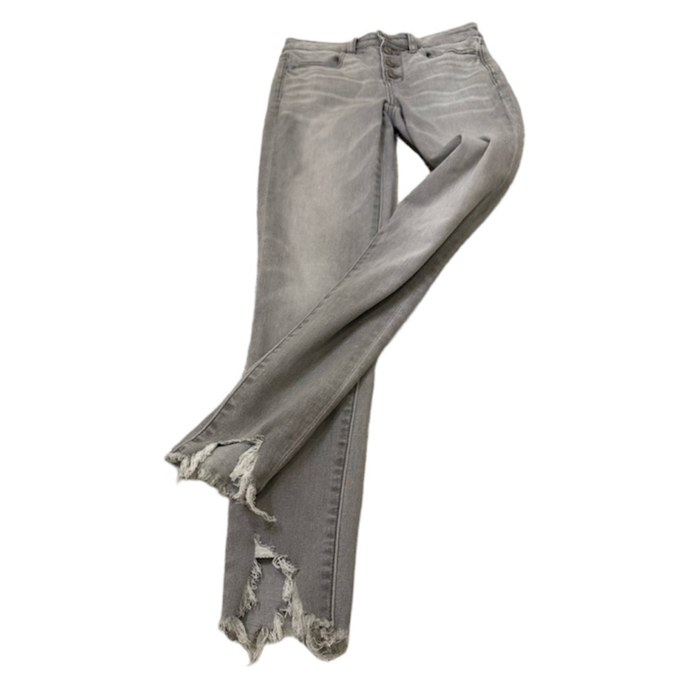 American Eagle gray skinny jeans with distressed ankles
